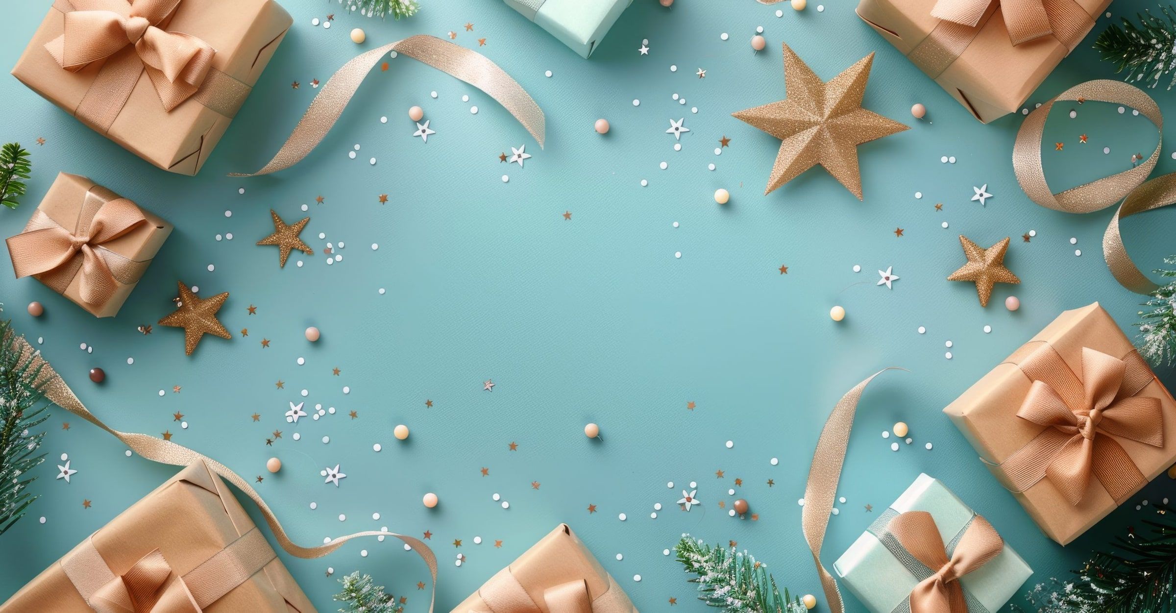 Gift boxes wrapped in kraft paper with copper ribbons, stars and confetti on a teal background.