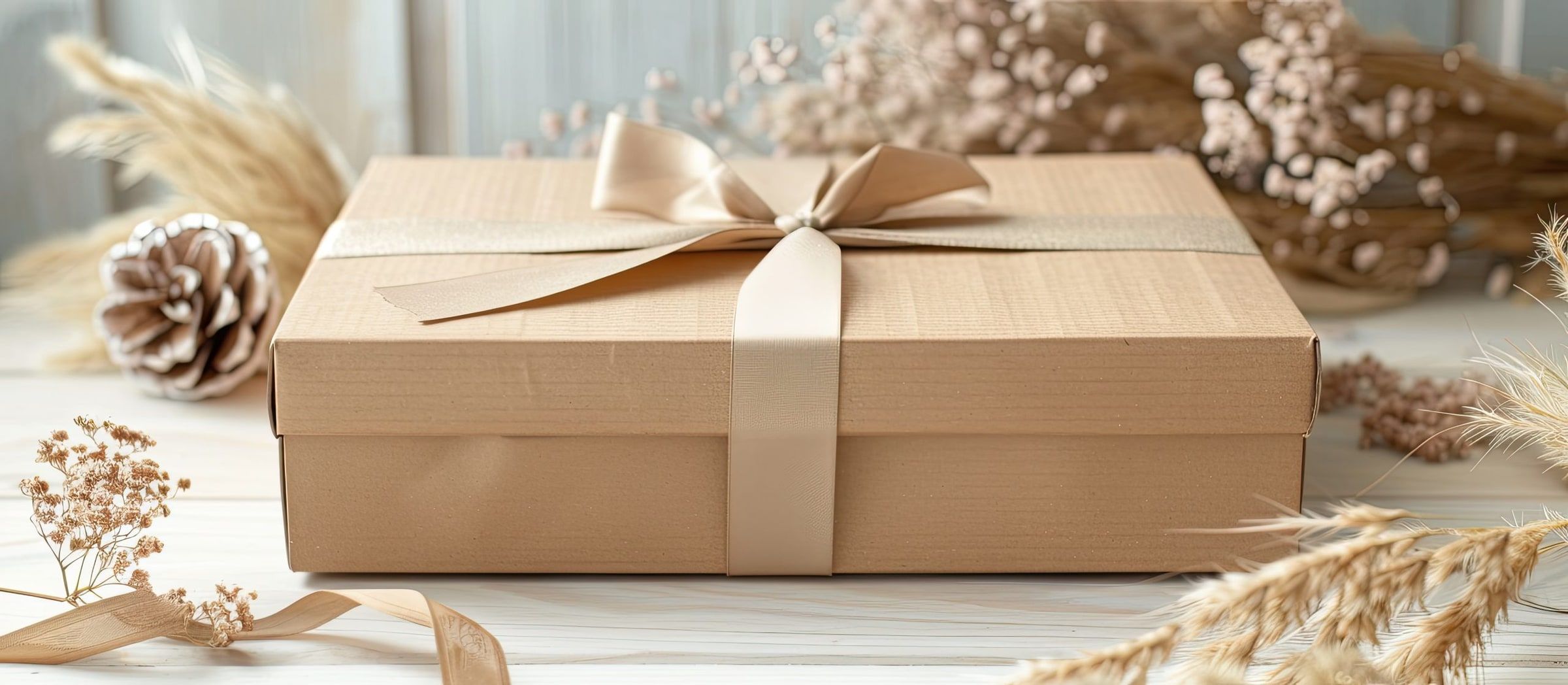 Kraft gift box tied with a satin ribbon among pine cones and dried flowers.